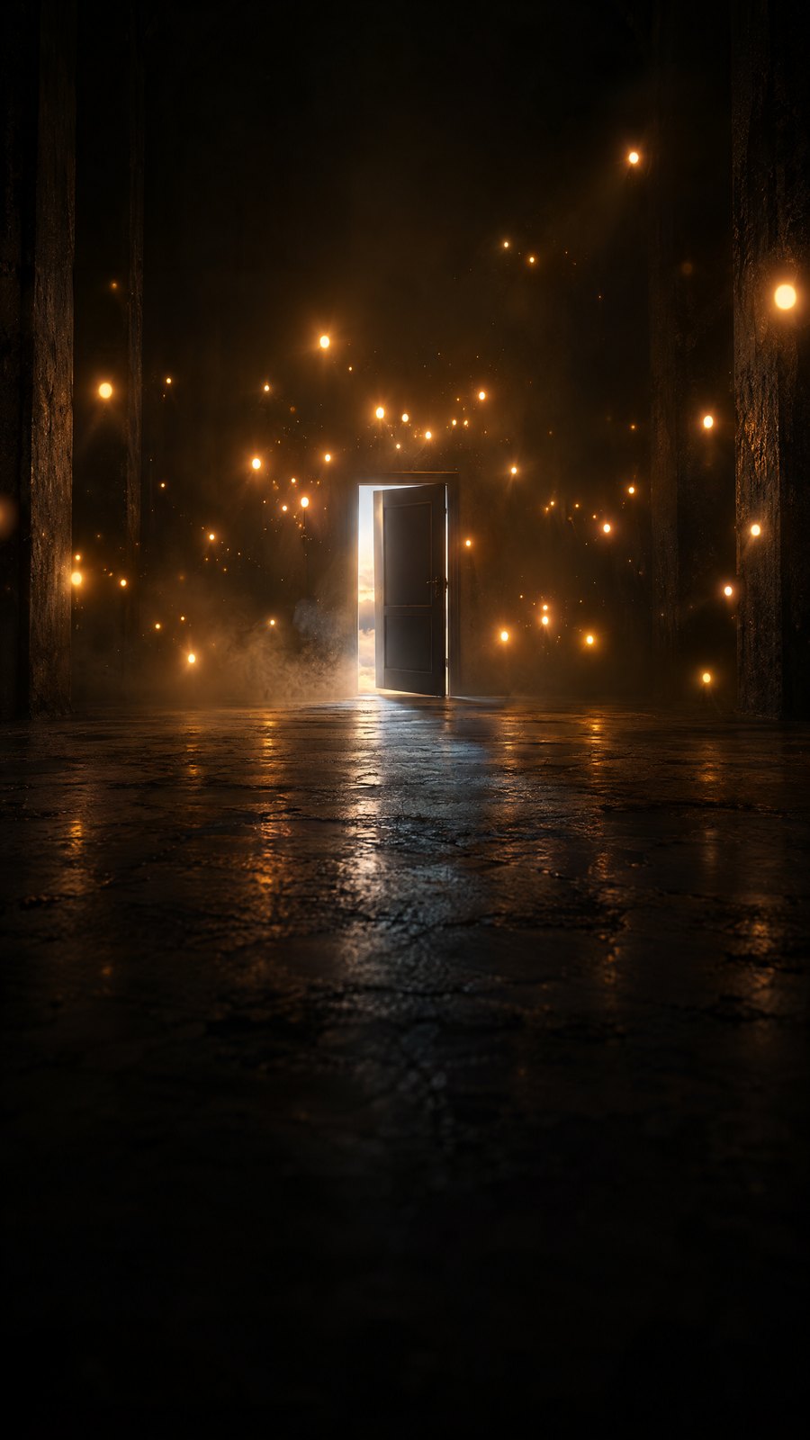 Ambiente cinematográfico escuro com uma porta iluminada e pontos de luz