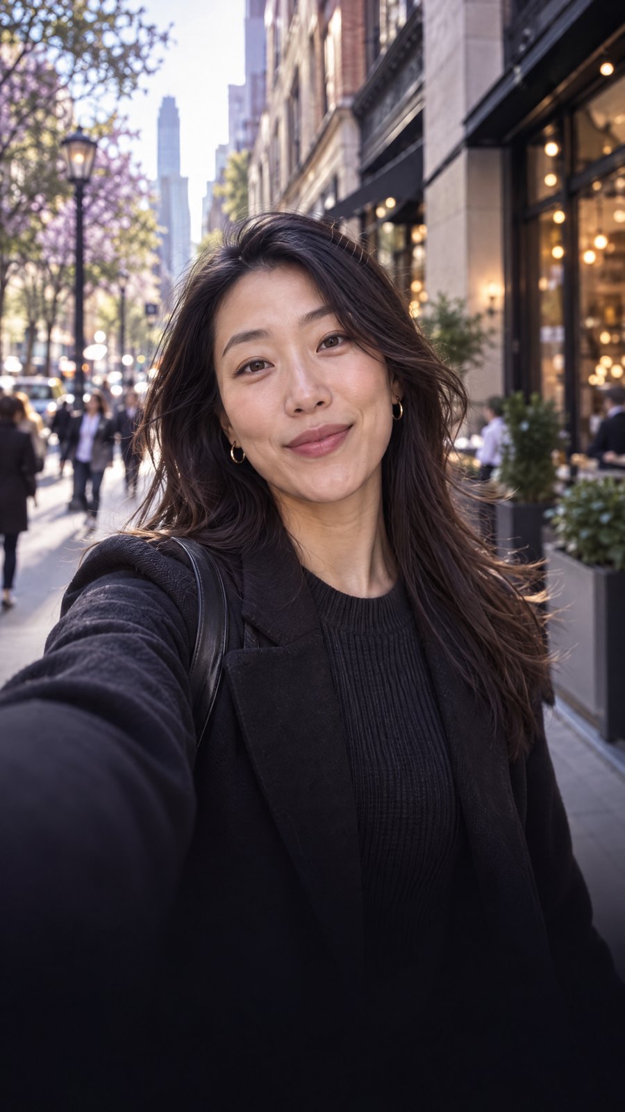 Criadora gravando uma selfie em uma rua urbana